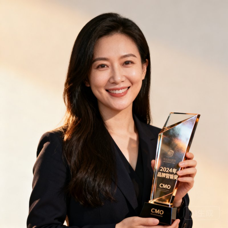 CMO张怡，长发披肩微笑面对镜头，手中拿着2024年品牌营销奖杯